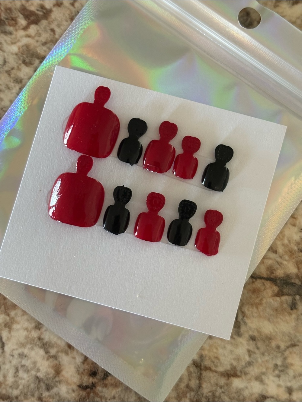 Red and Black Press-On Toe Nail Set - Glossy Finish